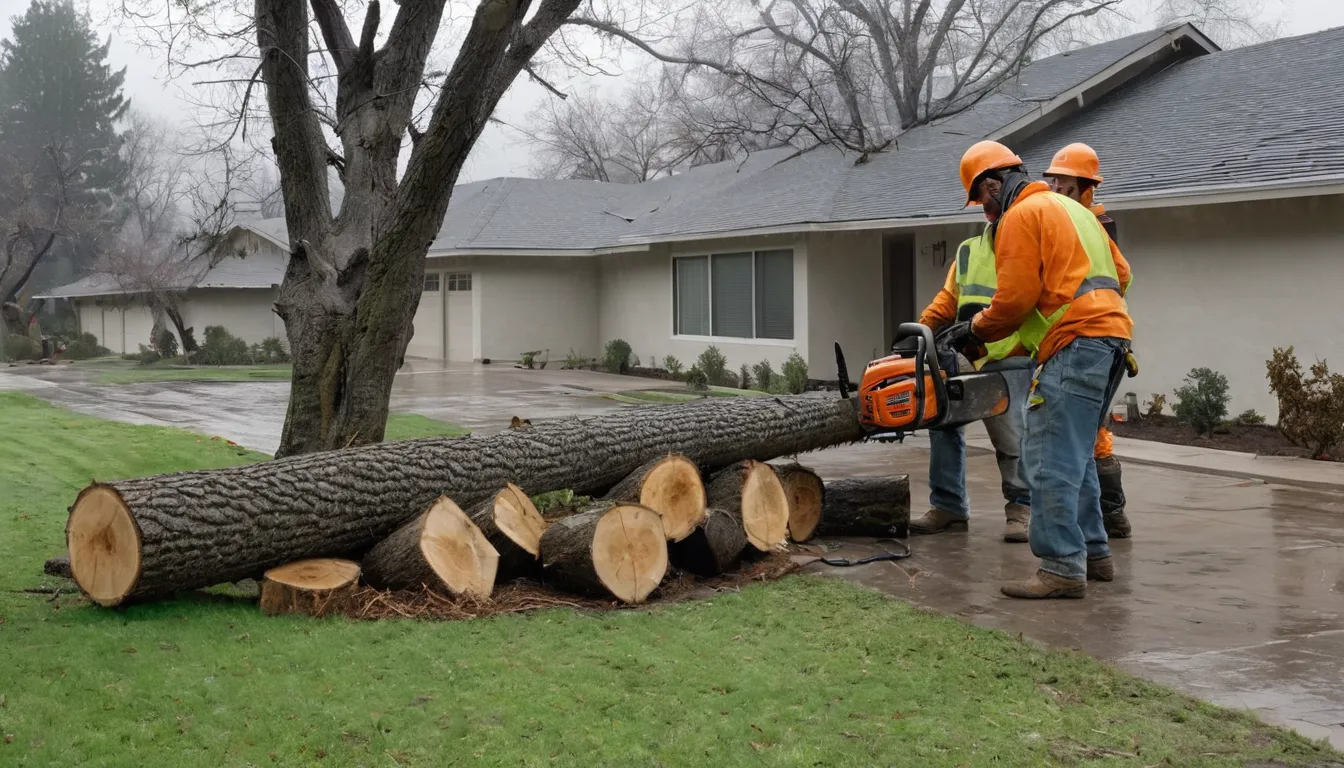 Tree provider clearing a fallen tree from a stucco ranch home yard in Rohnert Park after a storm