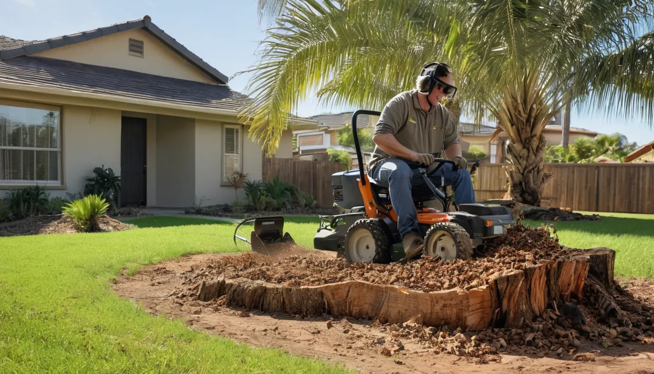A stump grinder at work on a backyard tree stump in Rohnert Park, with wood chips on the lawn